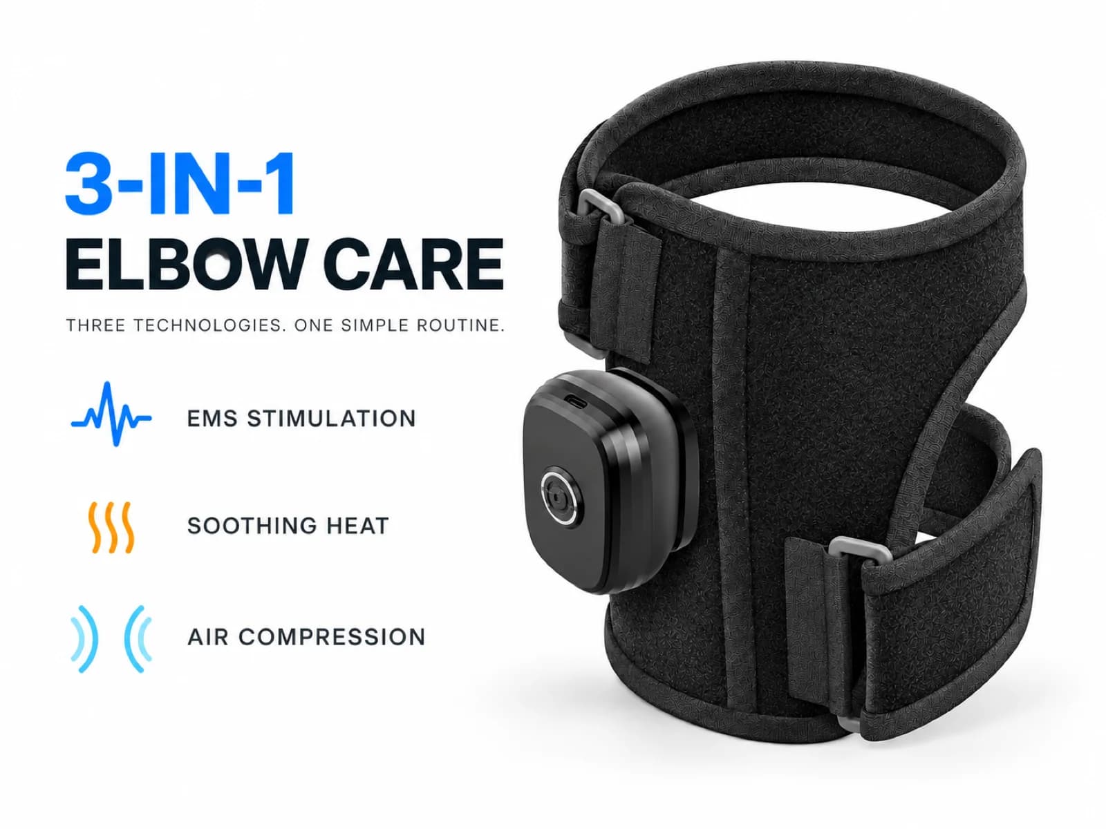 Overview of JMZ-722 three integrated functions: EMS stimulation, soothing heat, and air compression