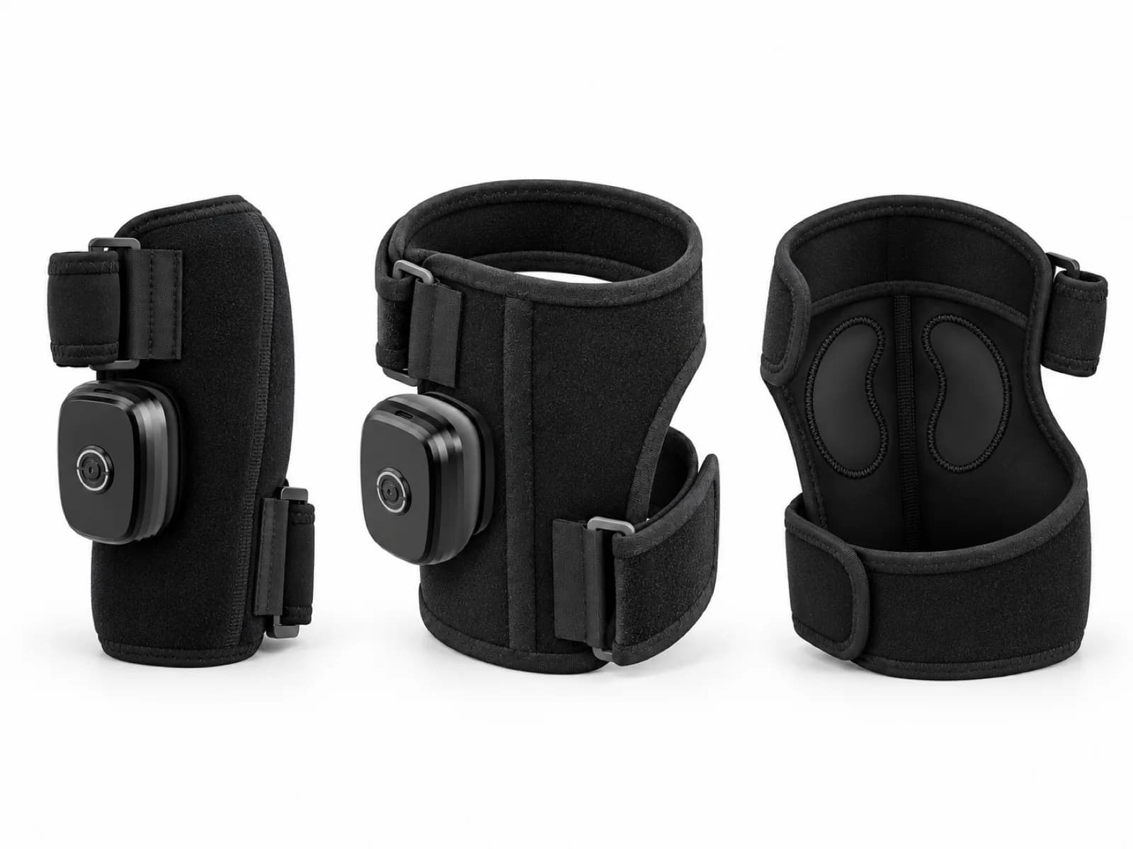 Multi-angle view of the JMZ-722 elbow brace showing lateral profile, front controller dock, and inner electrode pads
