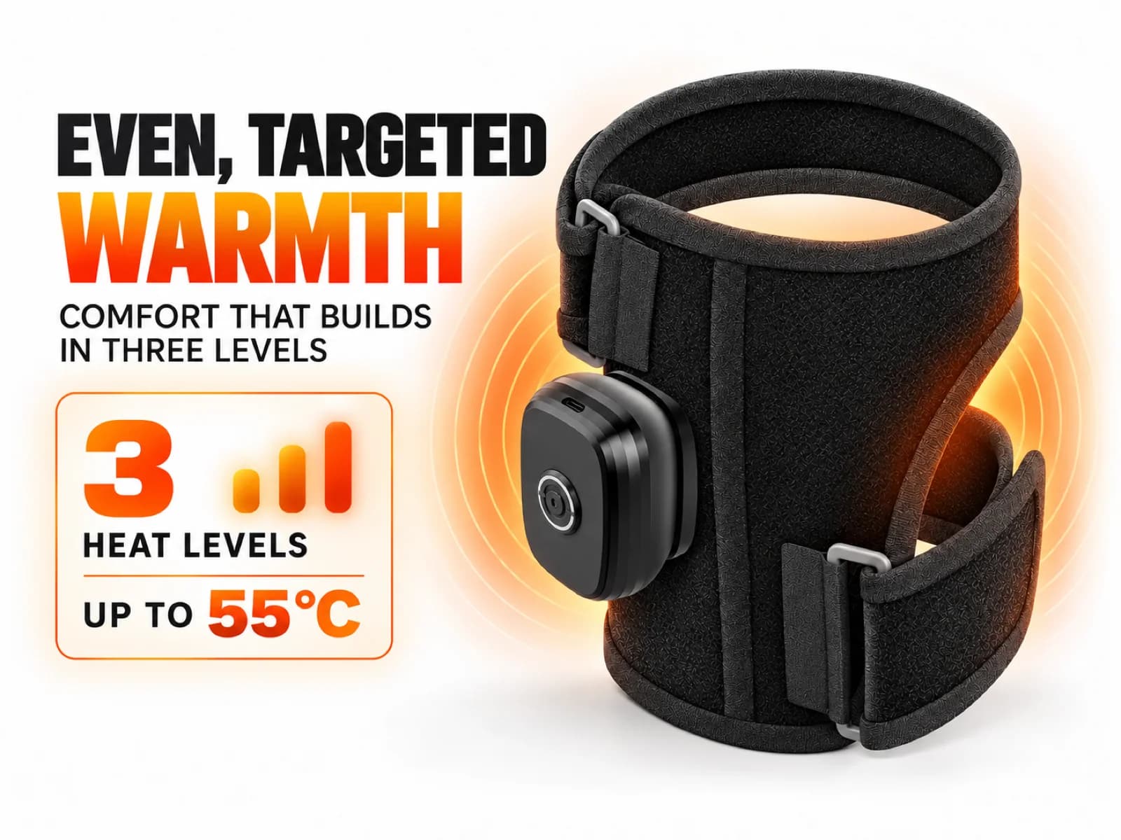 Soothing thermal warmth distribution across the elbow joint with 3 adjustable heat levels
