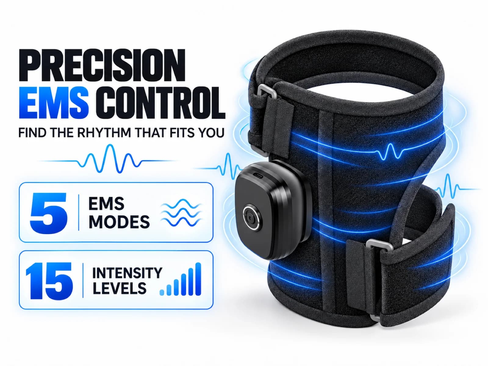 Precision EMS control interface showing 5 pulse modes and 15 intensity levels