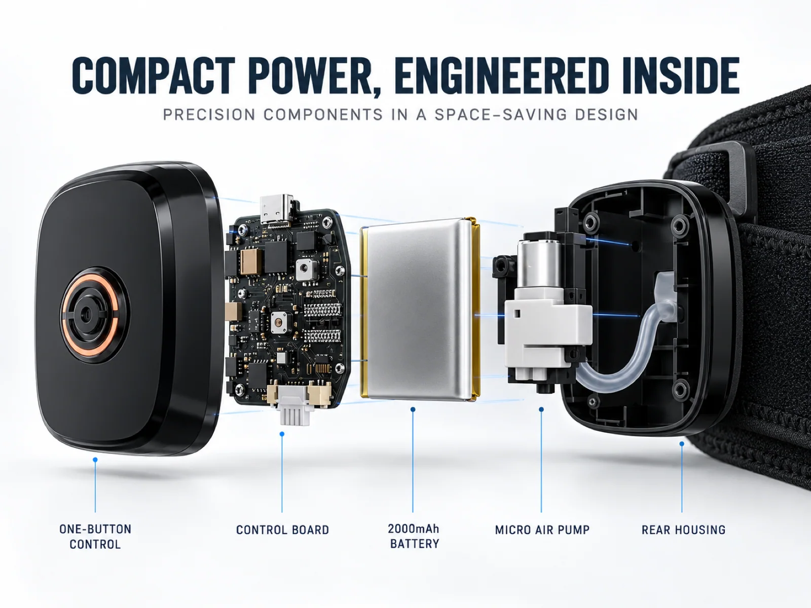 Exploded engineering view of the compact JMZ-722 control module showing circuit board, micro pump, and battery housing