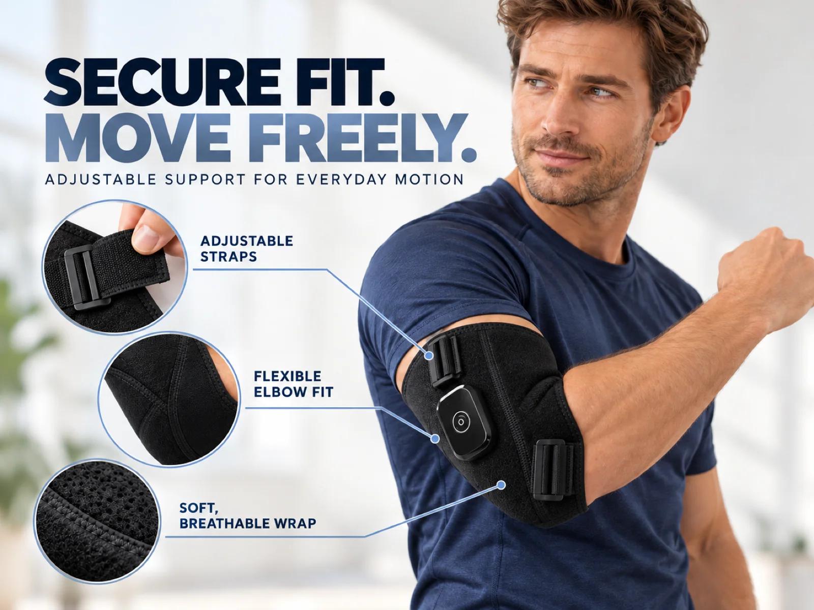 Male athlete wearing the ergonomic JMZ-722 elbow support wrap during arm mobility routine