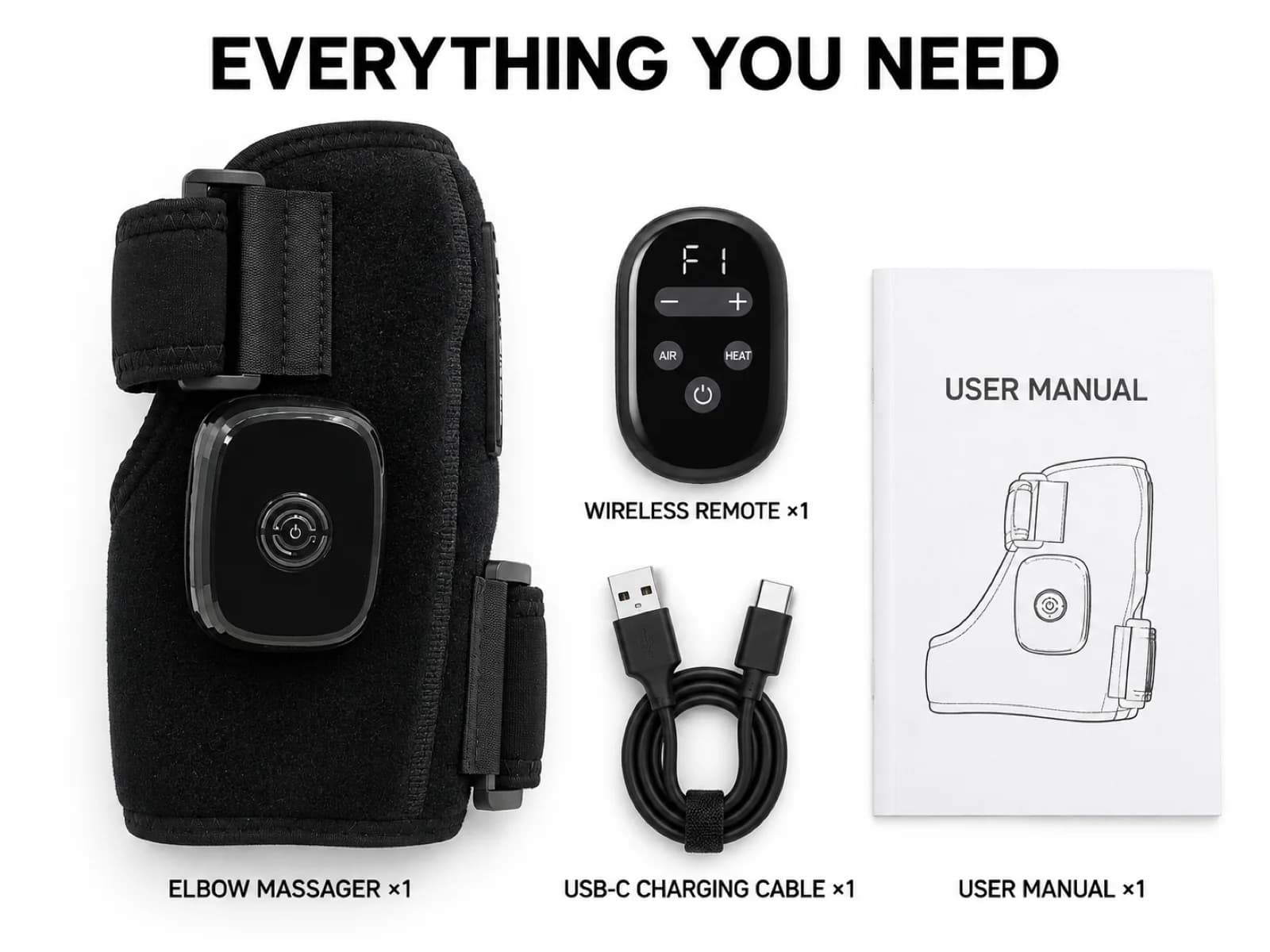 Complete JMZ-722 elbow massager product set with USB-C charging accessories and user documentation