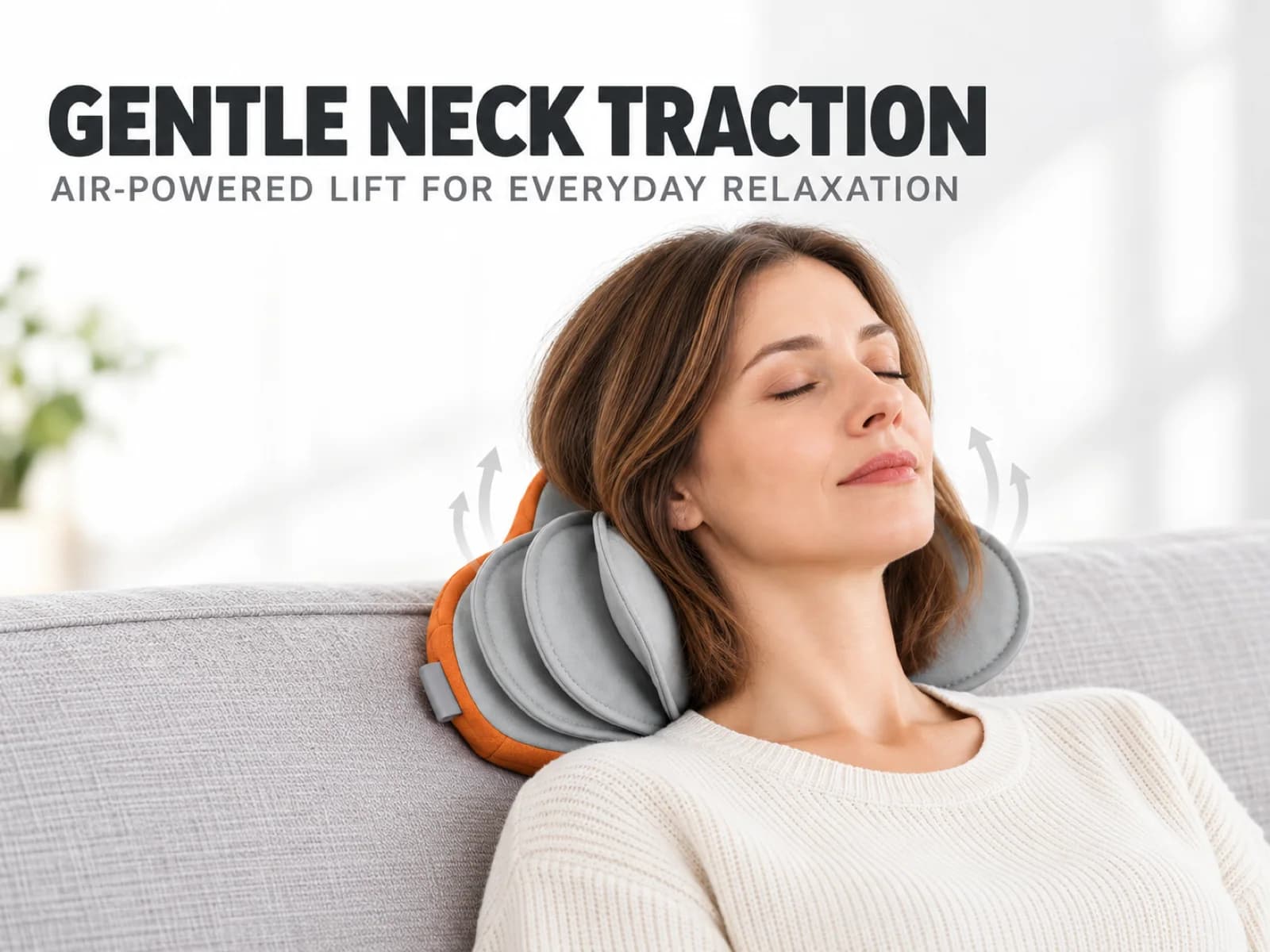 Female user resting on sofa experiencing gentle air-powered neck traction with the JMZ-801 pillow