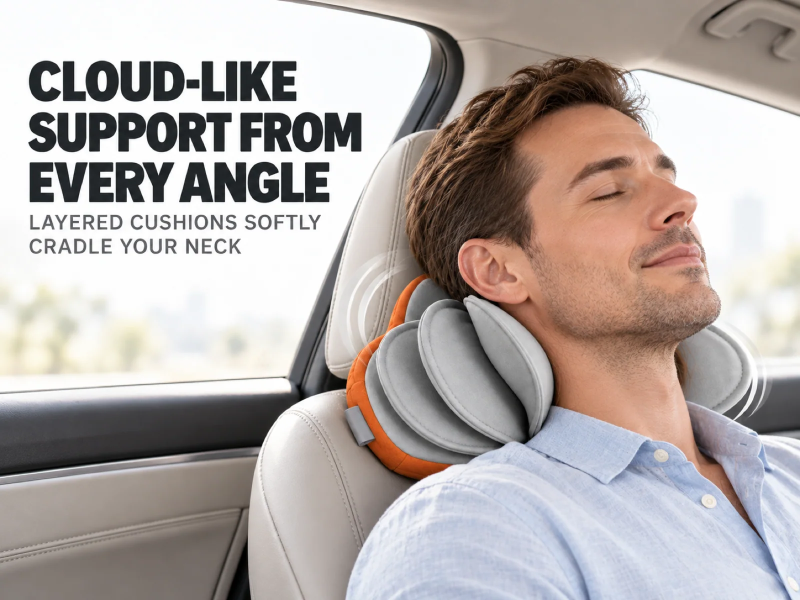 Ergonomic layered cushions of the JMZ-801 providing multi-angle neck support in a vehicle passenger seat