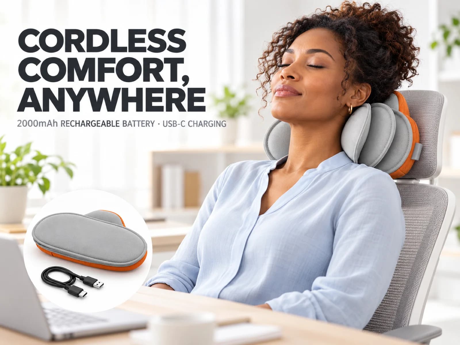 Office worker leaning back in an ergonomic desk chair supported by the cordless JMZ-801 neck cushion