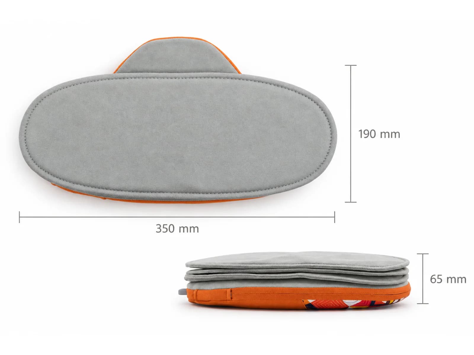 Dimensional diagram of the JMZ-801 neck pillow showing 350 mm length, 190 mm width, and 65 mm height