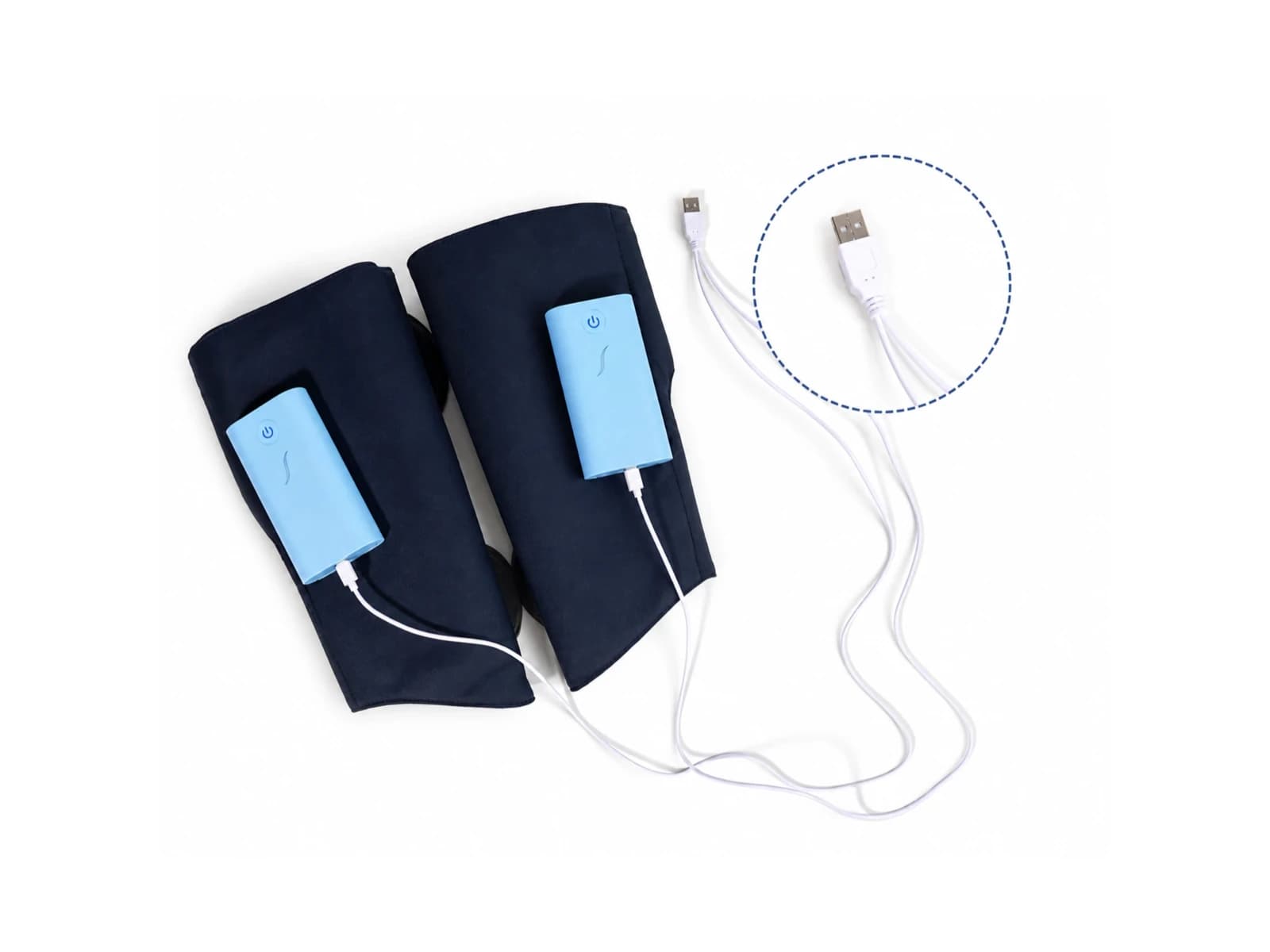JMZ-818 dual charging cable shown with both calf massagers