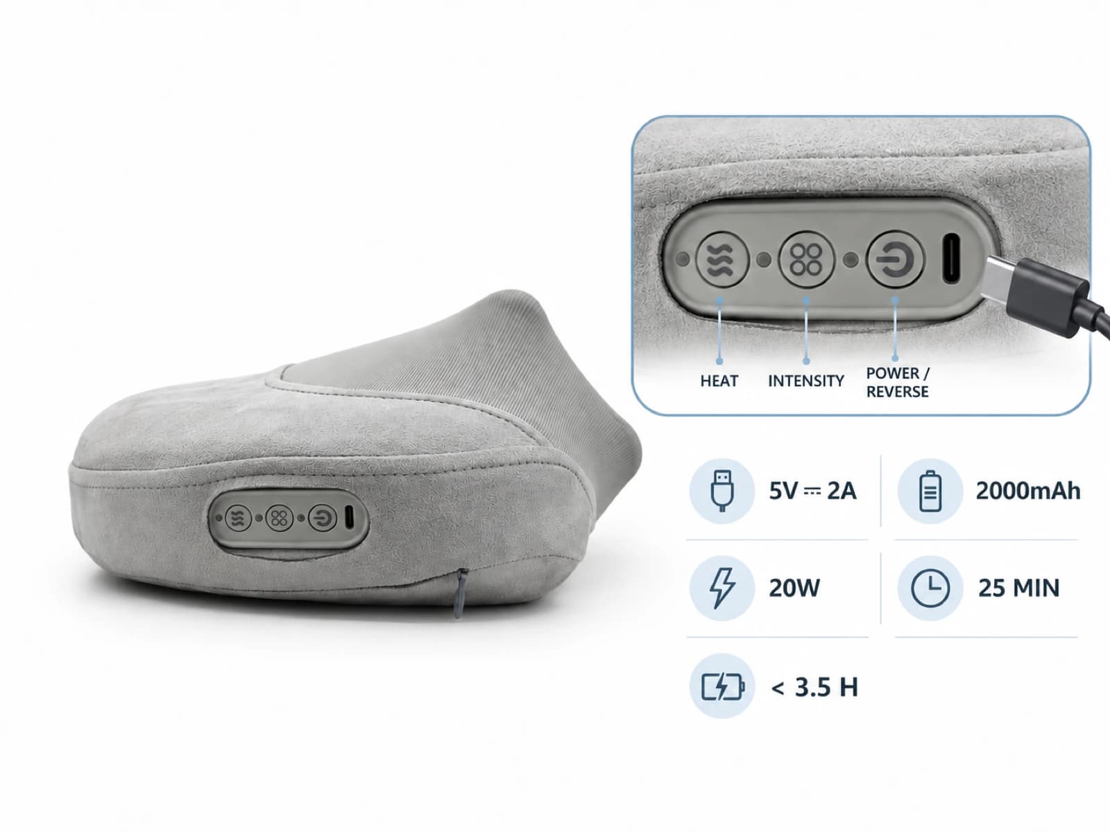 JMZ-CSPL003 button controls, charging port and specification overview