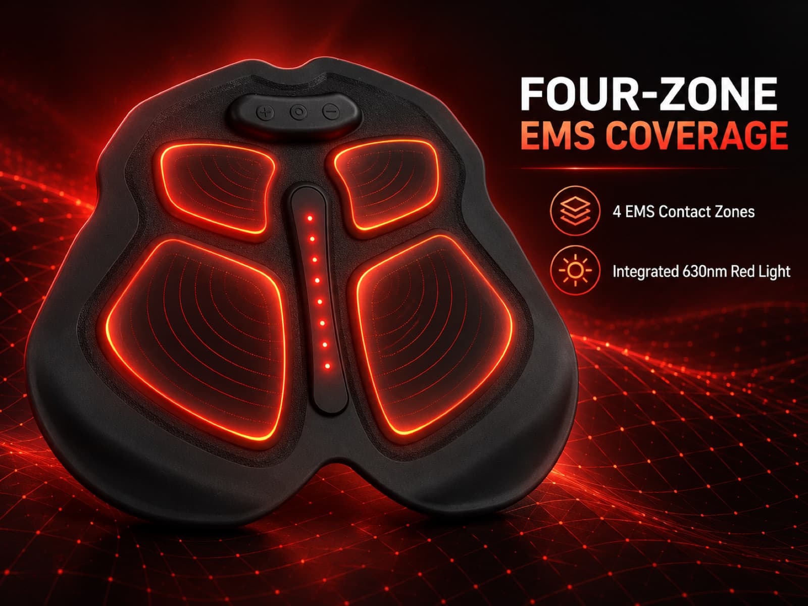 JMZ-V002 four-zone EMS contacts and 630nm red-light output